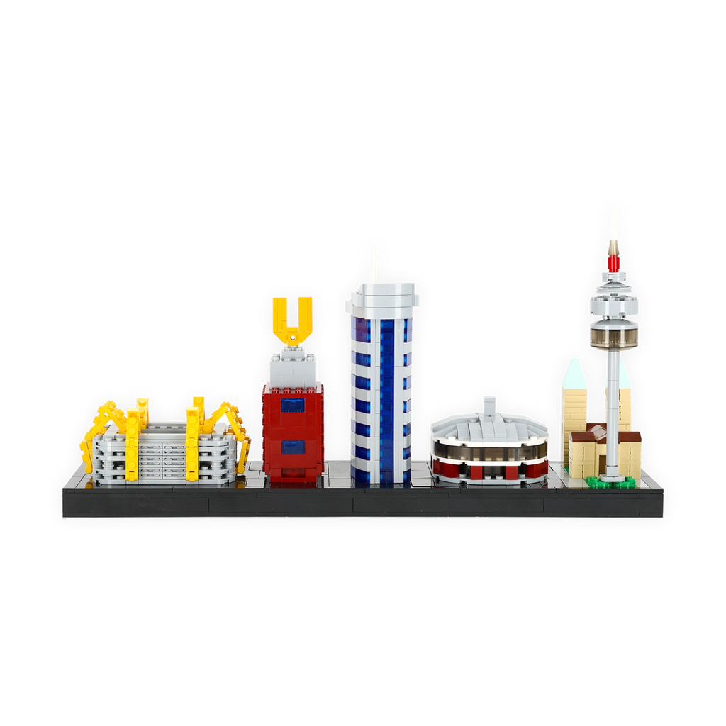 Miniatura dello skyline di Dortmund con edifici famosi come il SIGNAL IDUNA PARK, la U-Turm e la torre della televisione, realizzata con grande attenzione ai dettagli.