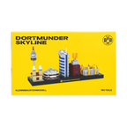 Modello in mattoncini BVB dello skyline di Dortmund composto da 760 pezzi, che include punti di riferimento come il SIGNAL IDUNA PARK e la torre dell'acqua, presentato in una confezione gialla.