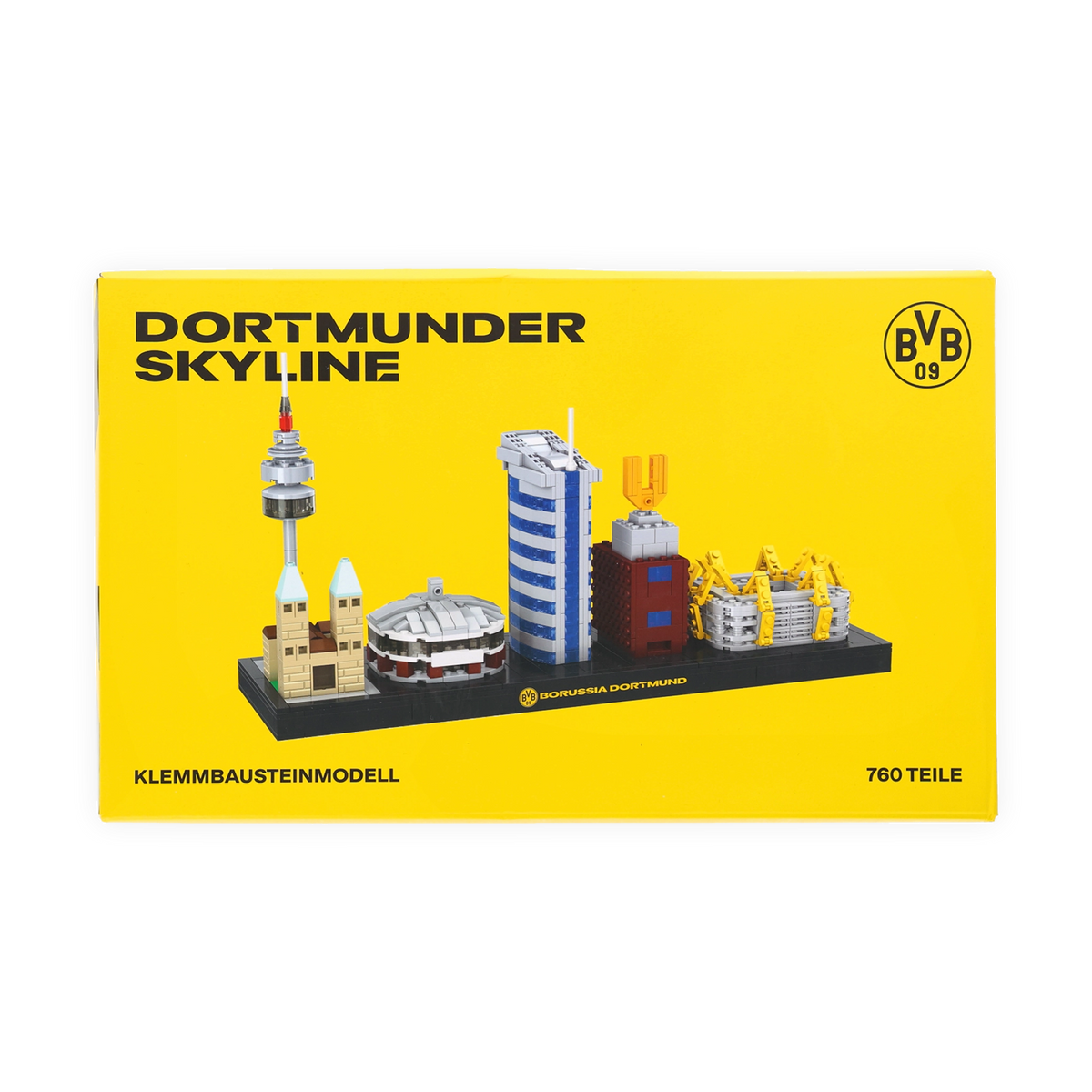 Modello in mattoncini BVB dello skyline di Dortmund composto da 760 pezzi, che include punti di riferimento come il SIGNAL IDUNA PARK e la torre dell'acqua, presentato in una confezione gialla.