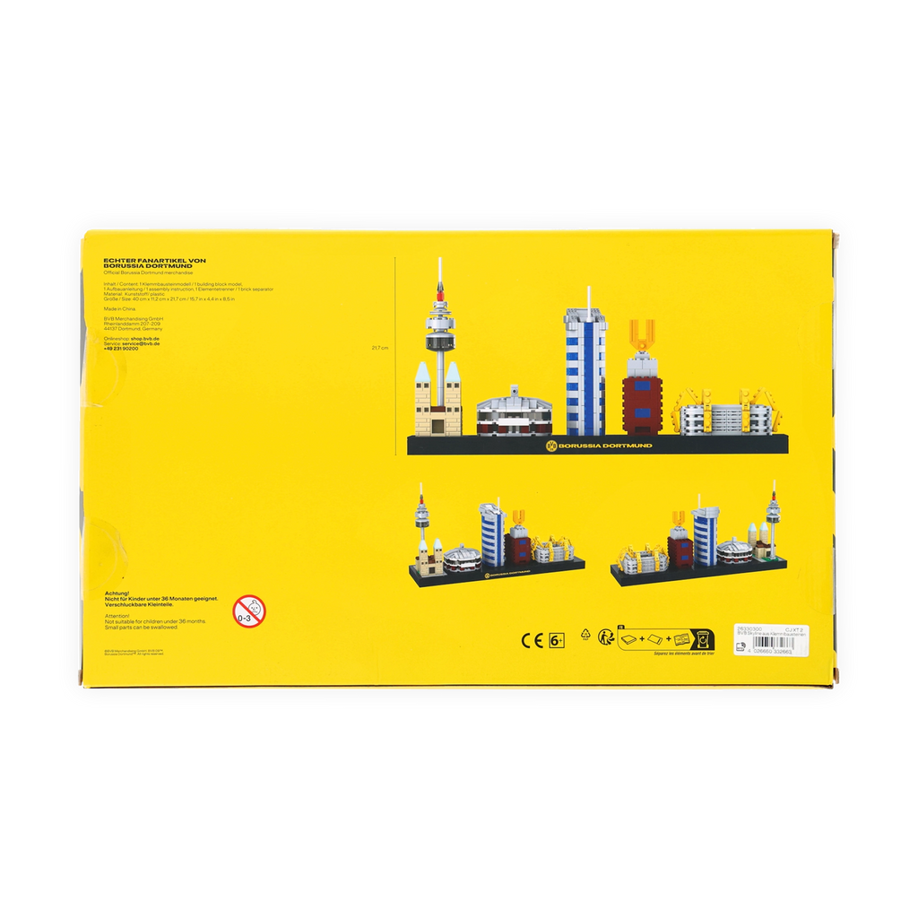 Retro della confezione di un kit in miniatura dello skyline della BVB con motivi dedicati a Dortmund, design giallo e immagini di edifici.