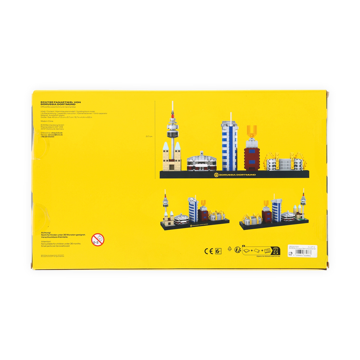 Retro della confezione di un kit in miniatura dello skyline della BVB con motivi dedicati a Dortmund, design giallo e immagini di edifici.