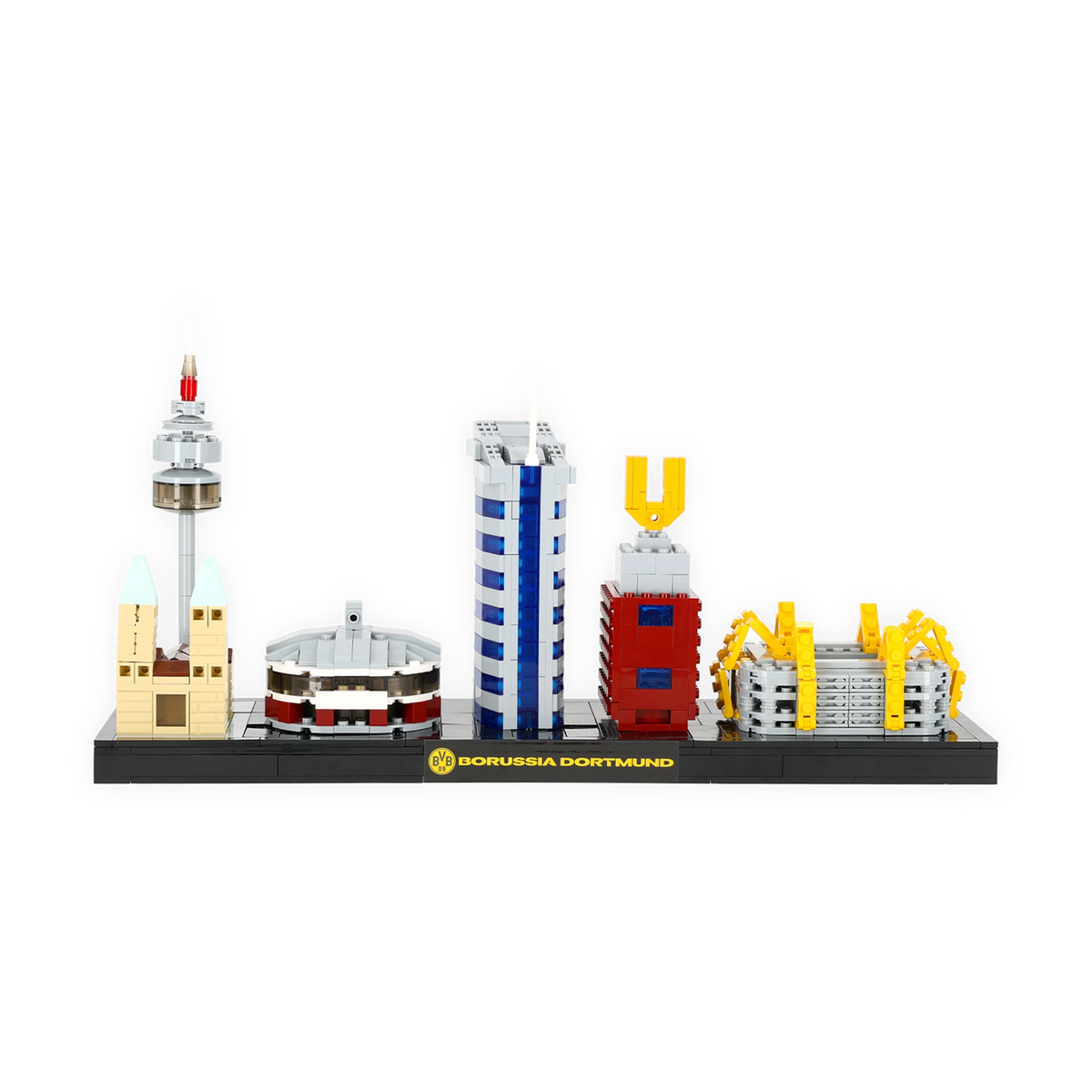 Miniaturmodell der Dortmunder Skyline mit Wahrzeichen wie SIGNAL IDUNA PARK und Dortmunder U im LEGO-Stil auf einer schwarzen Basis mit BVB-Schriftzug.