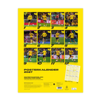 Der BVB-Posterkalender 2027 zeigt auf der Rückseite zwölf Poster mit Spielern in schwarzgelber Montur und einer Monatsübersicht auf gelbem Hintergrund.