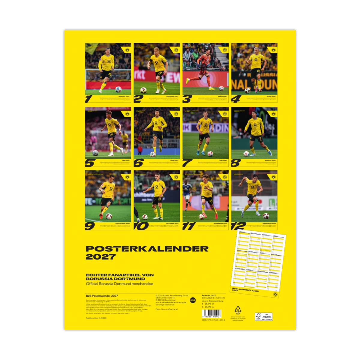 Der BVB-Posterkalender 2027 zeigt auf der Rückseite zwölf Poster mit Spielern in schwarzgelber Montur und einer Monatsübersicht auf gelbem Hintergrund.