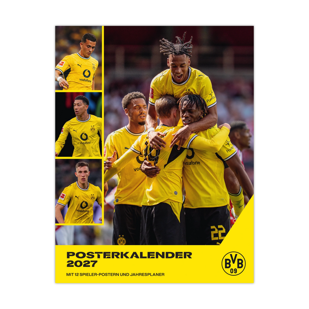 Posterkalender 2027 von Borussia Dortmund mit 12 Spielerpostern, schwarzgelbem Design und integriertem Jahresplaner.