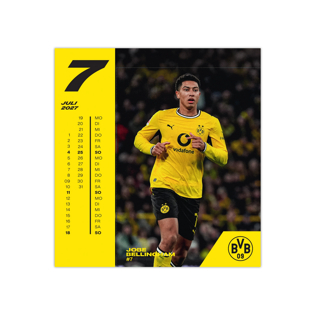 BVB-Postkartenkalender 2027 mit einem Foto eines BVB-Spielers im gelben Trikot und schwarzer Hose, auf der Vorderansicht der Monat Juli und das BVB-Logo sichtbar.