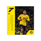 BVB-Postkartenkalender 2027 mit einem Foto eines BVB-Spielers im gelben Trikot und schwarzer Hose, auf der Vorderansicht der Monat Juli und das BVB-Logo sichtbar.