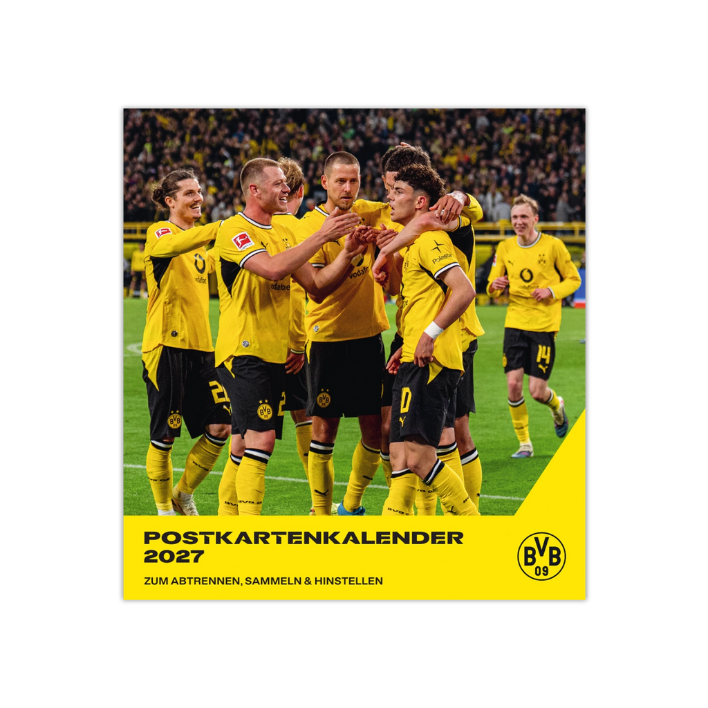 Postkartenkalender 2027 von Borussia Dortmund in schwarzgelbem Design mit Foto der BVB-Mannschaft im Stadion.