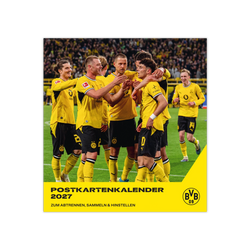 Postkartenkalender 2027 von Borussia Dortmund in schwarzgelbem Design mit Foto der BVB-Mannschaft im Stadion.