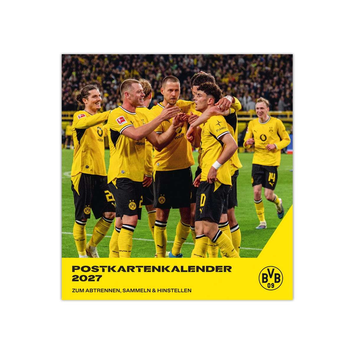 Postkartenkalender 2027 von Borussia Dortmund in schwarzgelbem Design mit Foto der BVB-Mannschaft im Stadion.
