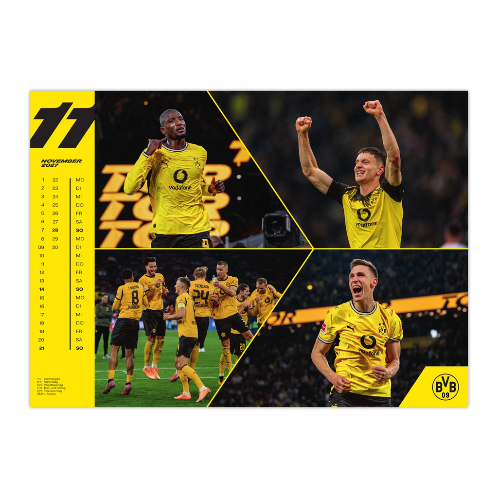 BVB XXL Kalender 2027 mit schwarzgelbem Design, der offizielle Borussia Dortmund Kalender mit Bildern von Spielern der Fußballmannschaft.