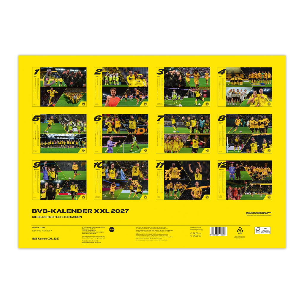 BVB XXL Kalender 2027 mit Bildern der letzten Saison in schwarzgelbem Design. Ideal für Fans von Borussia Dortmund.