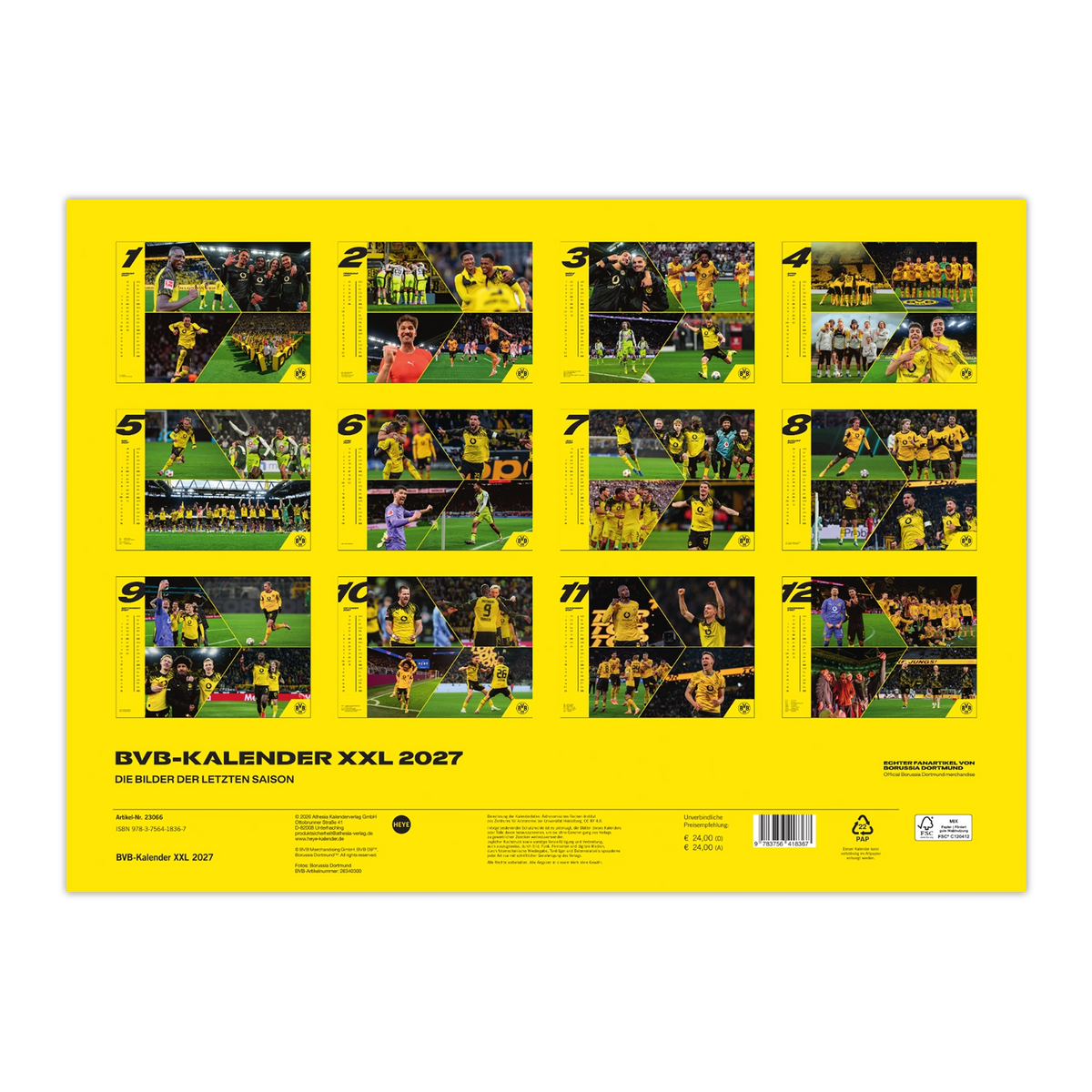 BVB XXL Kalender 2027 mit Bildern der letzten Saison in schwarzgelbem Design. Ideal für Fans von Borussia Dortmund.