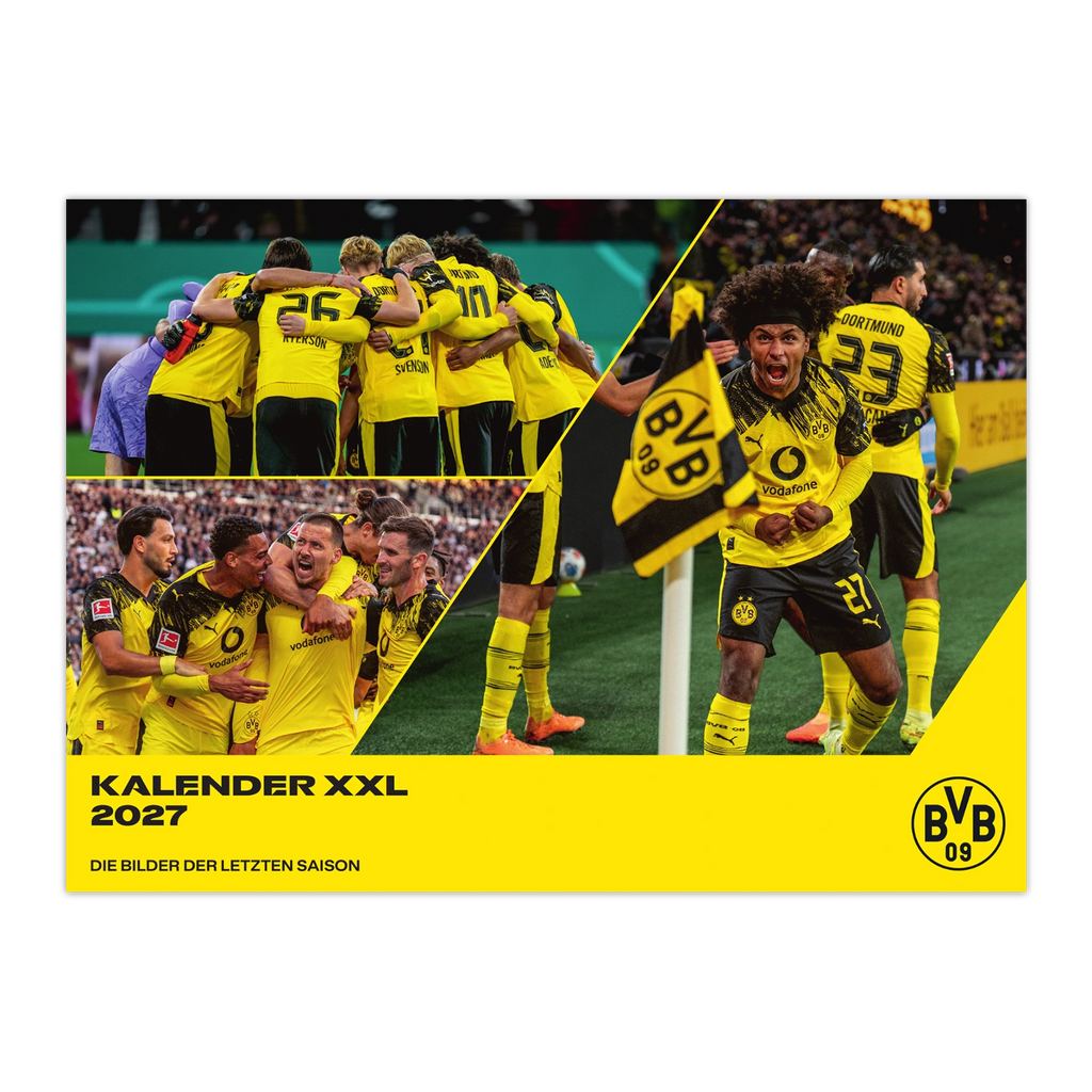 BVB-Kalender XXL 2027 mit Bildern der Mannschaft aus der letzten Saison. Schwarzgelbes Design mit BVB-Logo und Teambildern.