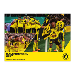 BVB-Kalender XXL 2027 mit Bildern der Mannschaft aus der letzten Saison. Schwarzgelbes Design mit BVB-Logo und Teambildern.