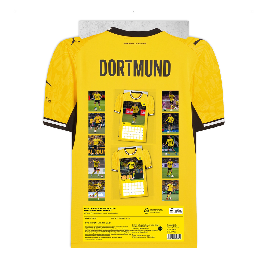 Rückansicht des BVB-Trikotkalenders 2027 in schwarzgelb mit Kalenderblättern und Trikot-Design, offizieller Fanartikel von Borussia Dortmund.