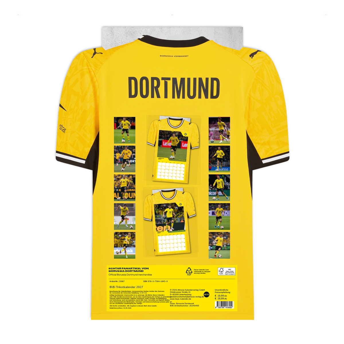 Rückansicht des BVB-Trikotkalenders 2027 in schwarzgelb mit Kalenderblättern und Trikot-Design, offizieller Fanartikel von Borussia Dortmund.