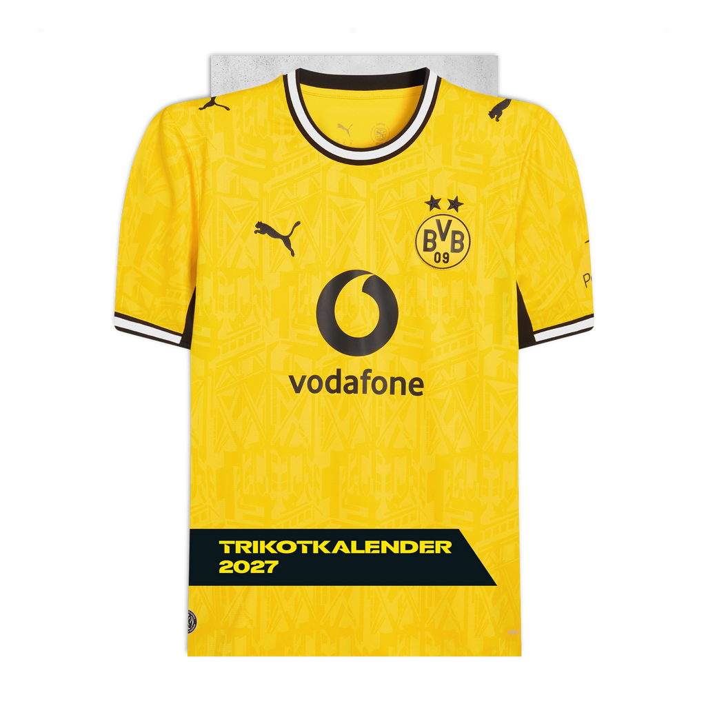 BVB Trikotkalender 2027 mit einem gelben Trikot in Vorderansicht, schwarzem PUMA-Logo, BVB-Emblem und Vodafone-Logo. Perfekt für Fans von Borussia Dortmund.