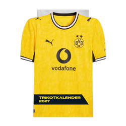 BVB Trikotkalender 2027 mit einem gelben Trikot in Vorderansicht, schwarzem PUMA-Logo, BVB-Emblem und Vodafone-Logo. Perfekt für Fans von Borussia Dortmund.