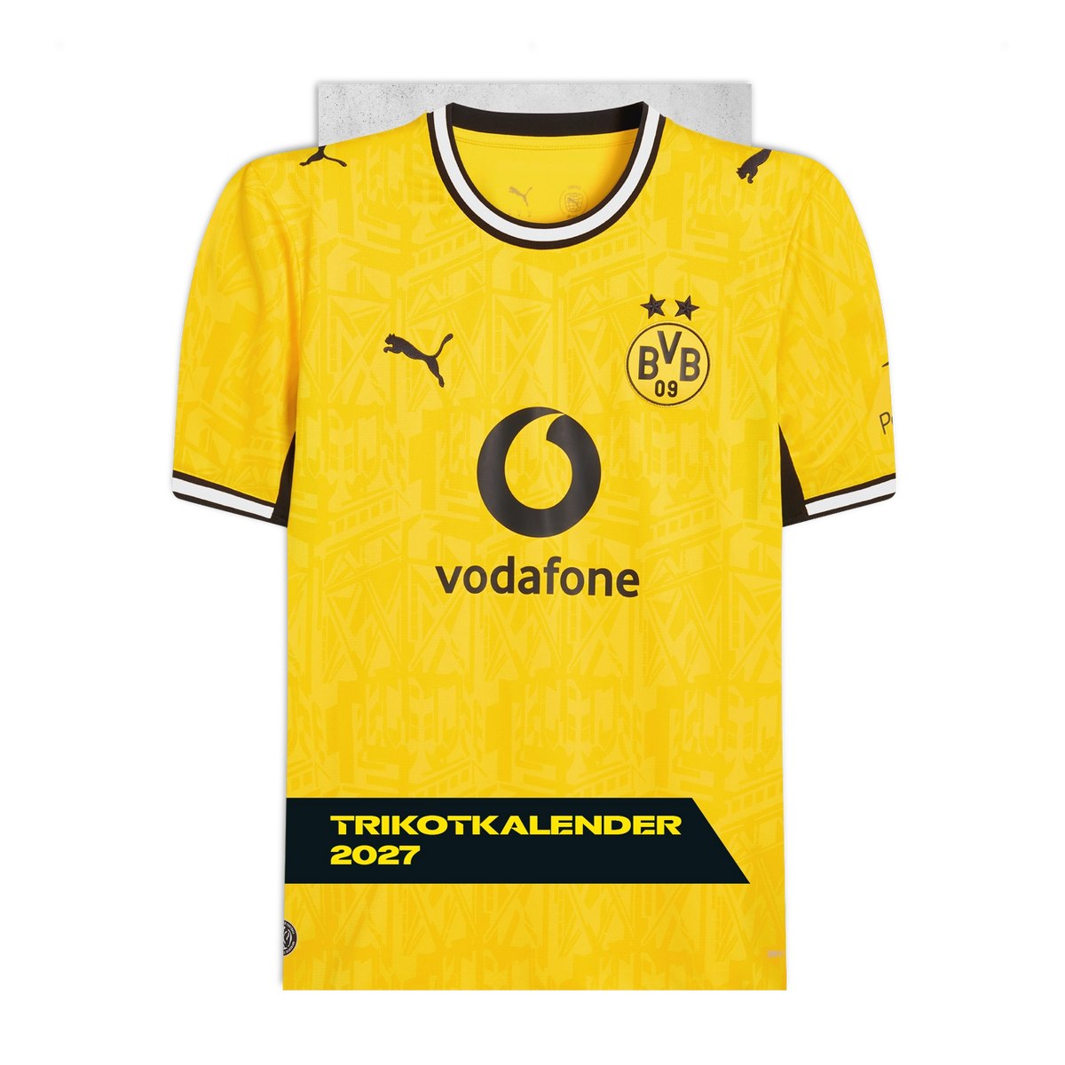 BVB Trikotkalender 2027 mit einem gelben Trikot in Vorderansicht, schwarzem PUMA-Logo, BVB-Emblem und Vodafone-Logo. Perfekt für Fans von Borussia Dortmund.