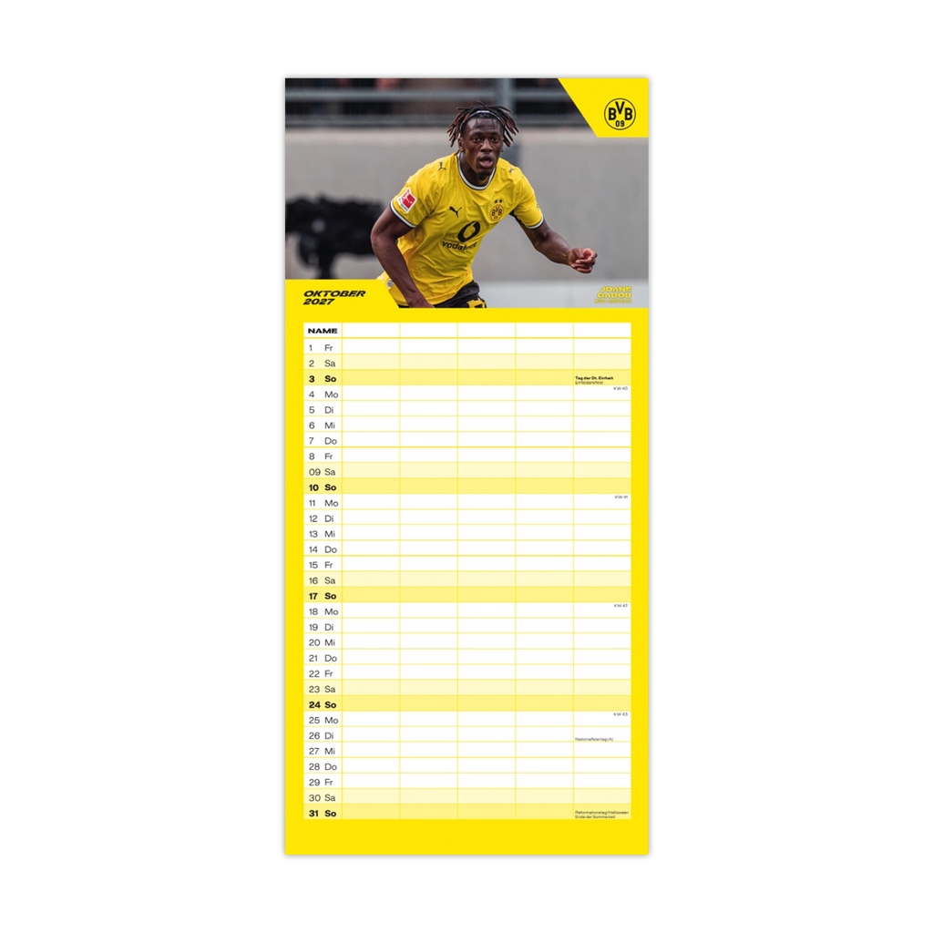 Agenda familiare BVB 2027 nei colori nero e giallo, ispirata al Borussia Dortmund. Contiene le panoramiche mensili e l’immagine di un giocatore del BVB con il logo della società.