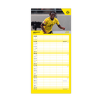 Agenda familiare BVB 2027 nei colori nero e giallo, ispirata al Borussia Dortmund. Contiene le panoramiche mensili e l’immagine di un giocatore del BVB con il logo della società.