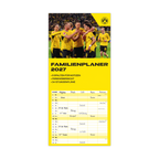 L'agenda familiare del BVB 2027 presenta una panoramica del calendario con spazio per appunti, un riepilogo delle vacanze e immagini dei giocatori del Borussia Dortmund.