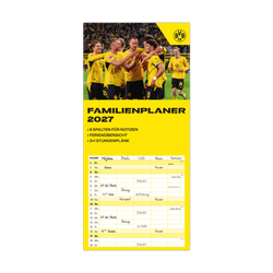La agenda familiar del BVB para 2027 incluye un resumen del calendario con espacio para notas, un resumen de las vacaciones e imágenes de los jugadores del Borussia Dortmund.
