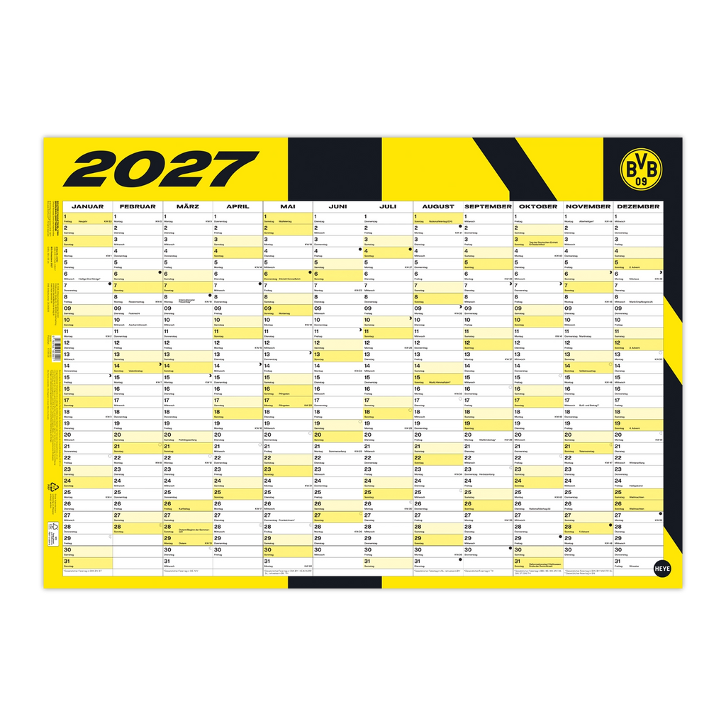 Affiche-agenda annuel du BVB 2027 aux couleurs du club (noir et jaune), avec un aperçu mensuel et le logo du BVB.