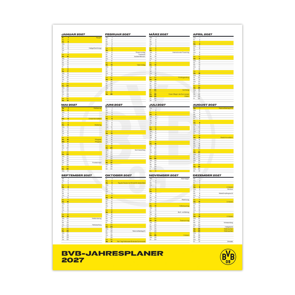 L'affiche-agenda annuel 2027 du BVB présente un aperçu des mois de l'année dans un design noir et jaune, avec le logo du BVB bien en évidence.