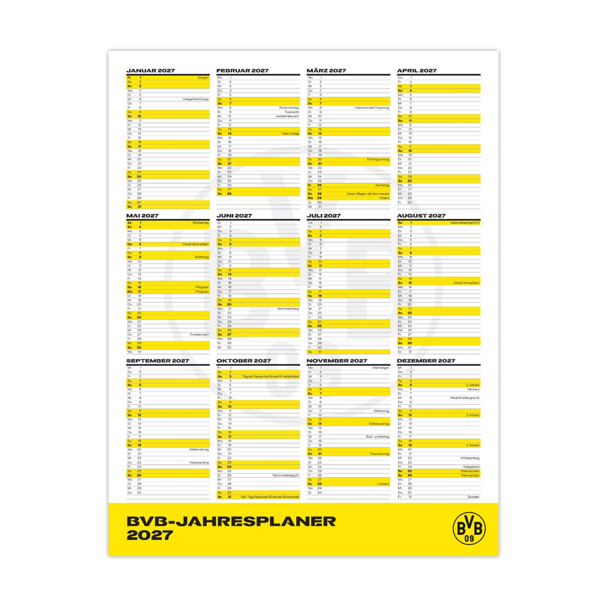 L'affiche-agenda annuel 2027 du BVB présente un aperçu des mois de l'année dans un design noir et jaune, avec le logo du BVB bien en évidence.