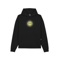 Felpa con cappuccio per bambini, nera, con il logo BVB 09 in rilievo sul petto, ideale per i tifosi del Borussia Dortmund.