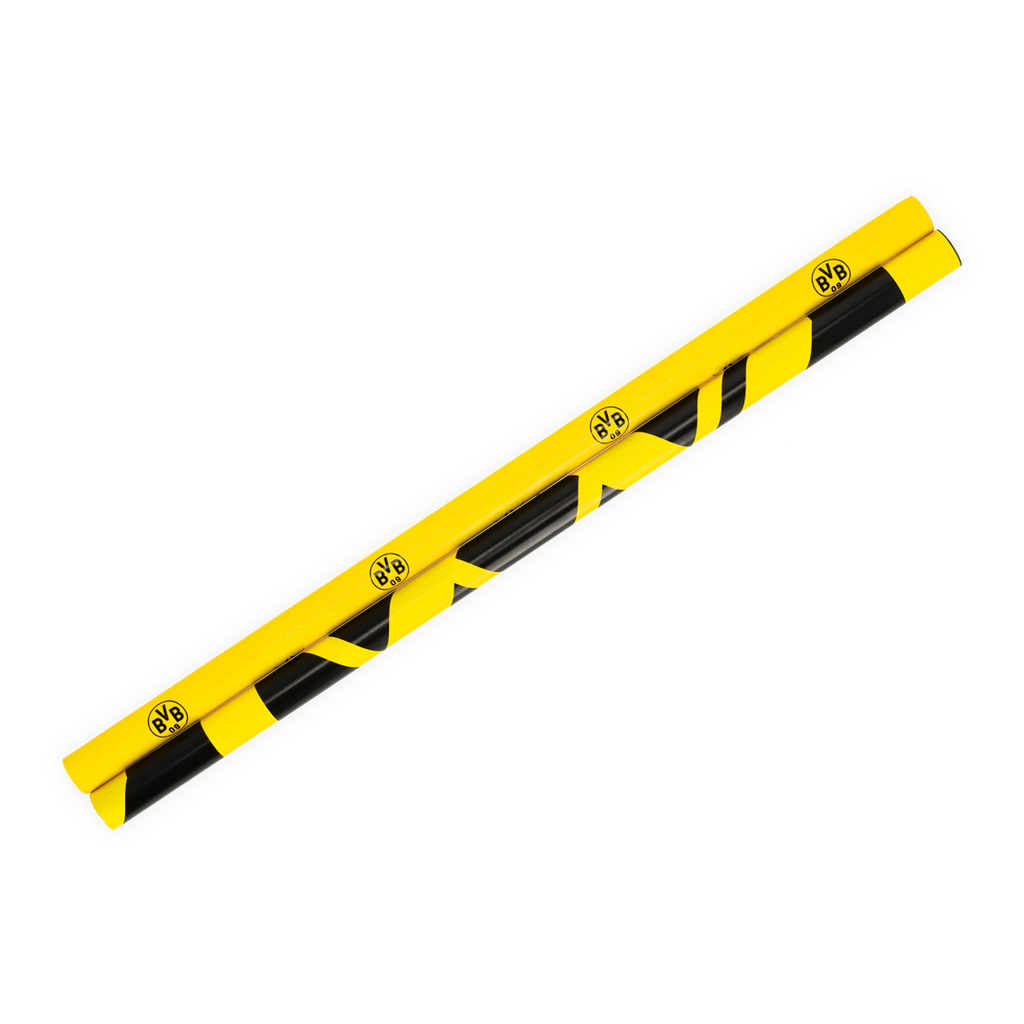 Schwarzgelbes BVB-Geschenkpapier mit Streifenmuster und BVB-Logo im 2er-Set, für Fans von Borussia Dortmund.