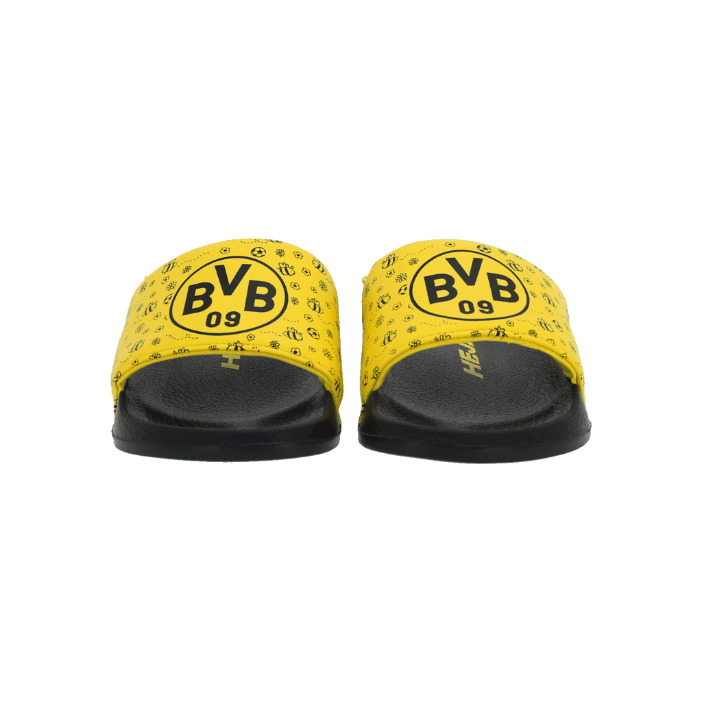 BVB bath slippers for children in the club colors of black and yellow, featuring a large BVB 09 logo and a stylized pattern, shown from the front.