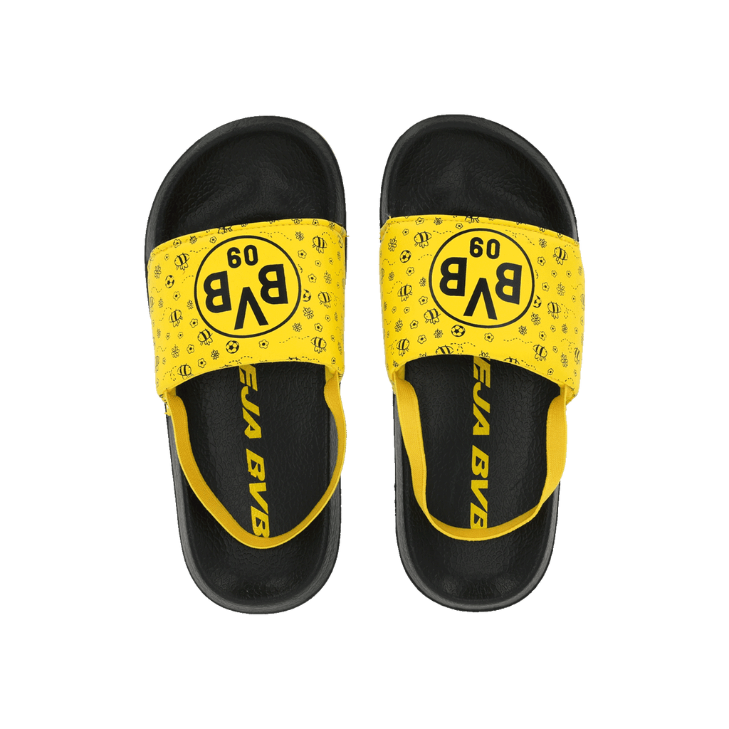 BVB kids' flip-flops in black and yellow with the BVB-09 logo and patterns—perfect fan merchandise for leisure and summer.