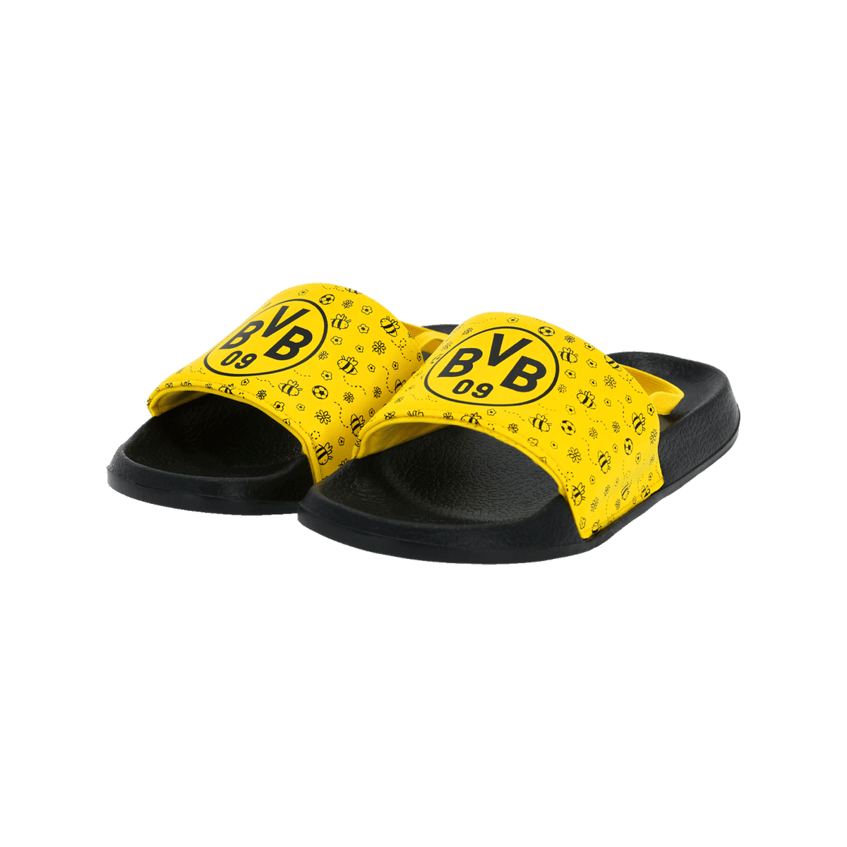 BVB-Badeschlappen für Kinder in schwarzgelb mit BVB-Logo und auffälligem Design, perfekt für Fans von Borussia Dortmund.