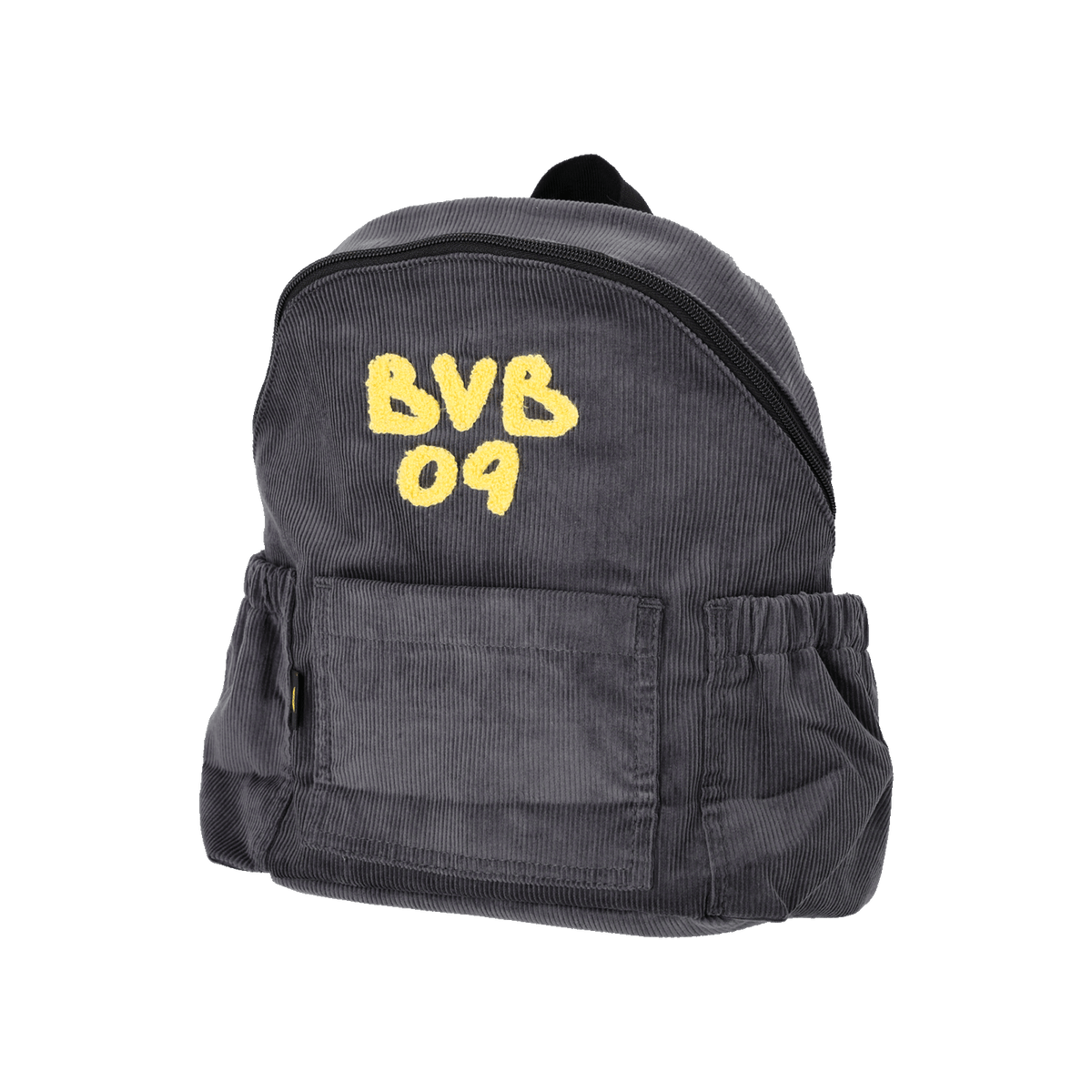 黑色灯芯绒儿童背包，饰有黄色“BVB 09”刺绣图案，正面配有拉链口袋，是多特蒙德年轻球迷的理想之选。