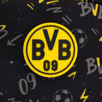 这款黑色与黄色相间的多特蒙德（BVB）儿童双肩包，配有醒目的BVB 09标志和足球图案。