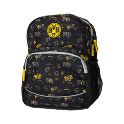 Schwarzgelber BVB-Kinderrucksack mit Allover-Print, BVB-Logo und Fußballmotiven, ideal als Fanartikel oder für den täglichen Gebrauch.