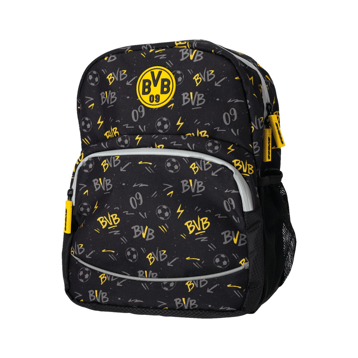 这款黑色与黄色相间的多特蒙德（BVB）儿童双肩包采用全身印花设计，配有BVB标志和足球图案，既适合作为球迷周边，也适合日常使用。