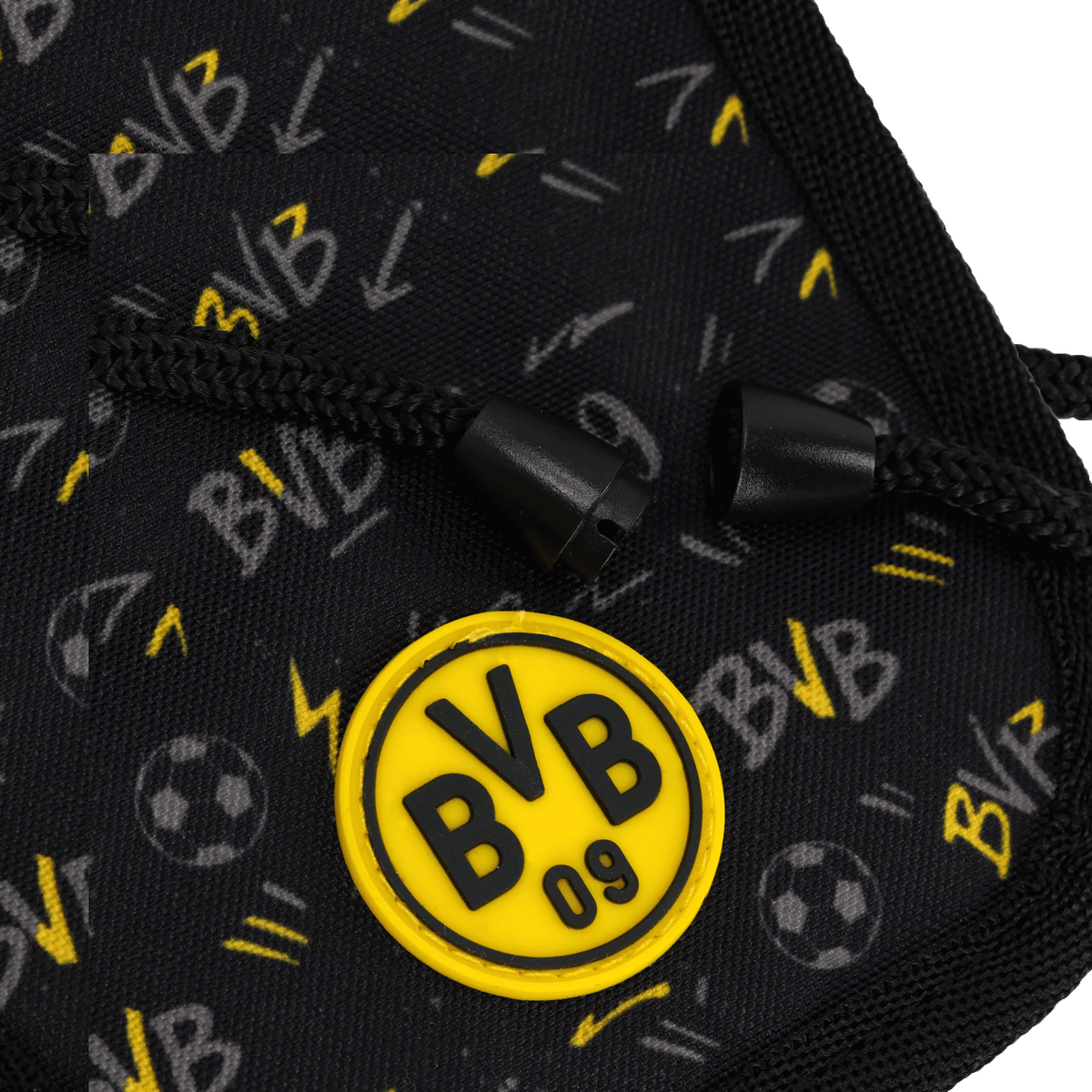 Monedero tipo bandolera del BVB para niños, con diseño en negro y amarillo, el logotipo del BVB a la vista y un estampado con letras y símbolos del BVB; el accesorio perfecto para los aficionados.