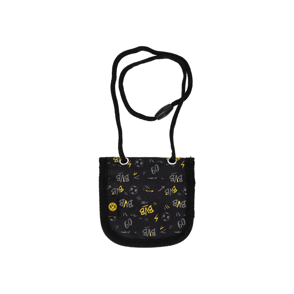 Monedero tipo bandolera del BVB en negro y amarillo para niños, confeccionado en tela con estampado integral, el logotipo del BVB en la parte delantera y un práctico cierre de cordón.