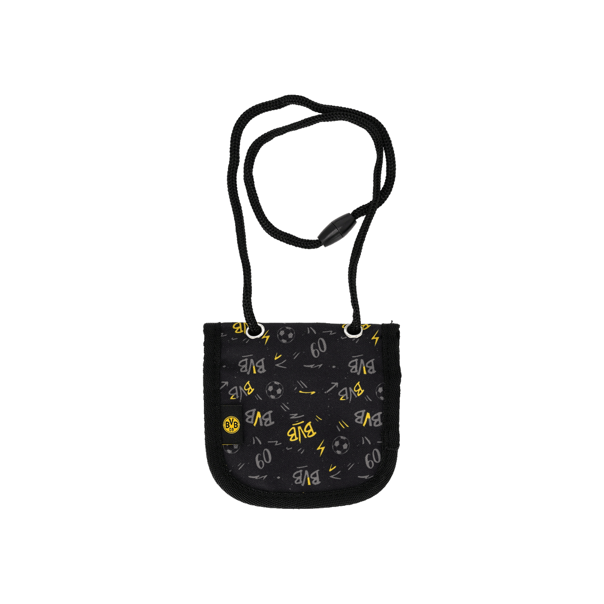 Monedero tipo bandolera del BVB en negro y amarillo para niños, confeccionado en tela con estampado integral, el logotipo del BVB en la parte delantera y un práctico cierre de cordón.