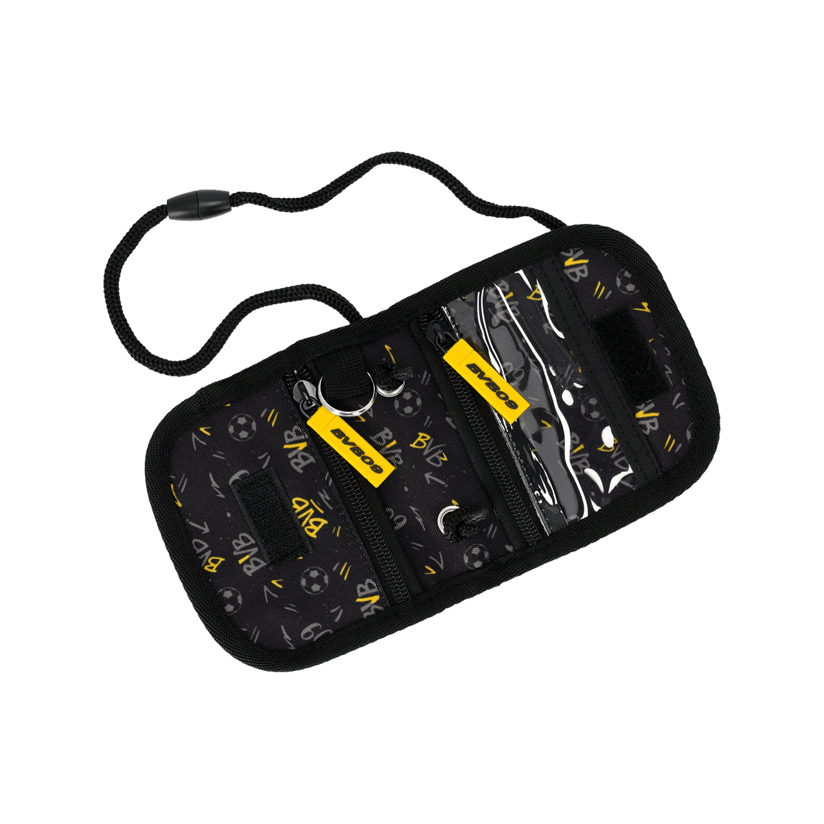 Monedero negro del BVB para niños, con detalles en amarillo, el escudo del BVB y motivos futbolísticos, prácticas cremalleras y correa para colgar.