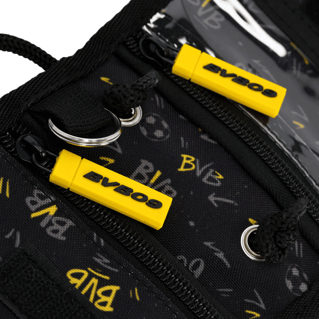 Monedero tipo bandolera del BVB en negro y amarillo para niños, con un diseño llamativo y el logotipo BVB09 en los tiradores amarillos de la cremallera.