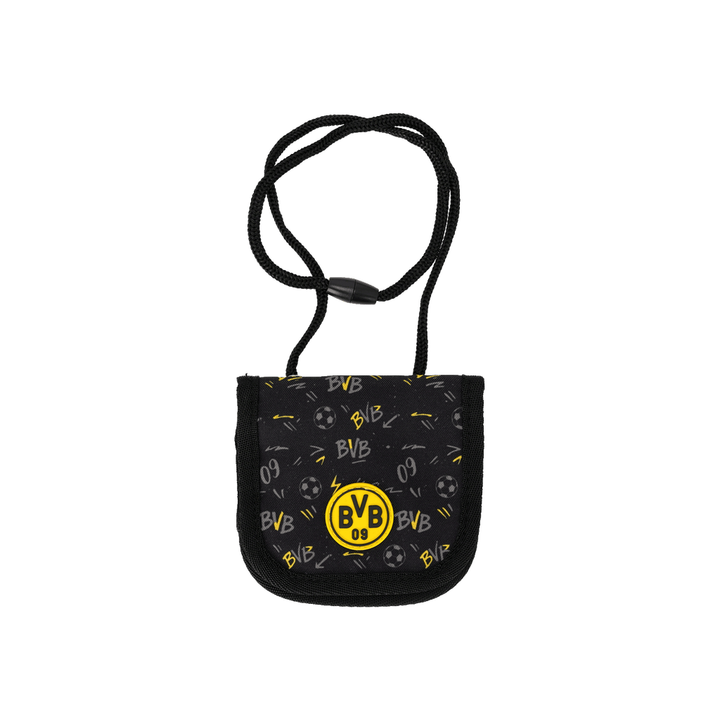 Monedero negro tipo bandolera del BVB para niños, con el logotipo del BVB y un estampado integral con motivos de fútbol y rayos.
