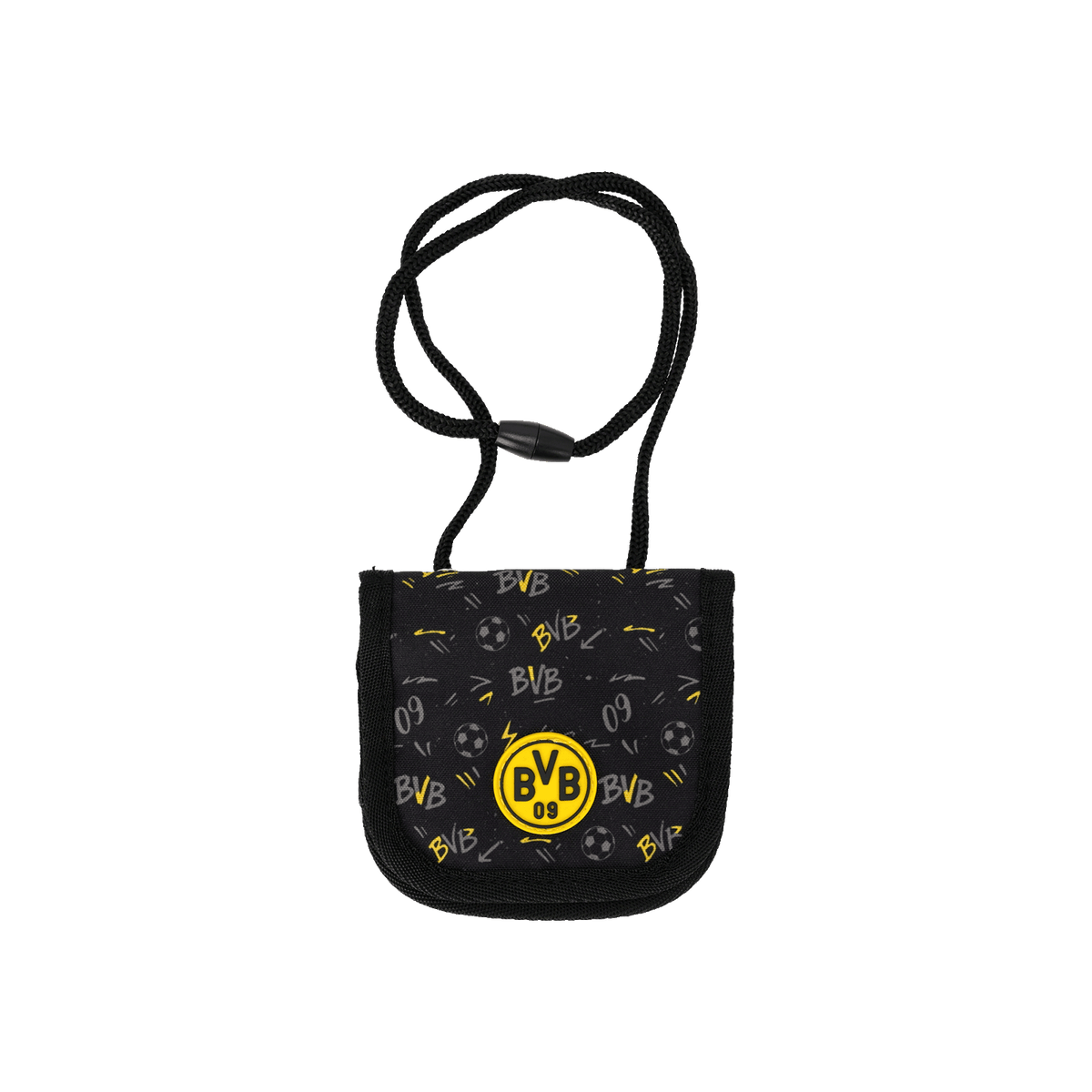 Portamonete nero a tracolla del BVB per bambini, con logo BVB e motivo all-over composto da disegni di palloni da calcio e fulmini.