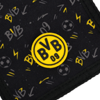 Portamonete nero del BVB per bambini con lo stemma giallo del BVB 09 e motivi calcistici, ideale per i giovani tifosi del Borussia Dortmund.