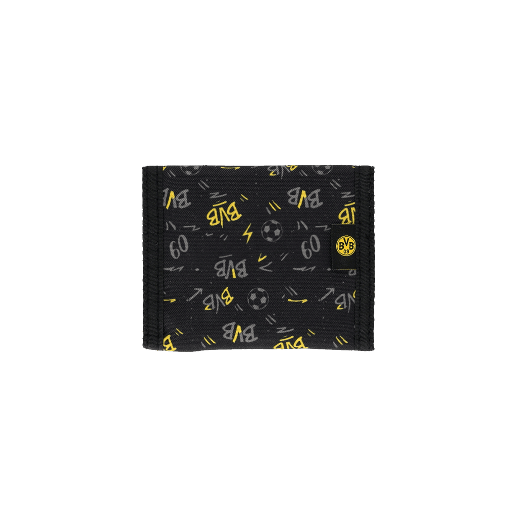 Portamonete nero per bambini con motivo nero e giallo, logo BVB giallo e motivo decorativo a forma di pallone da calcio.