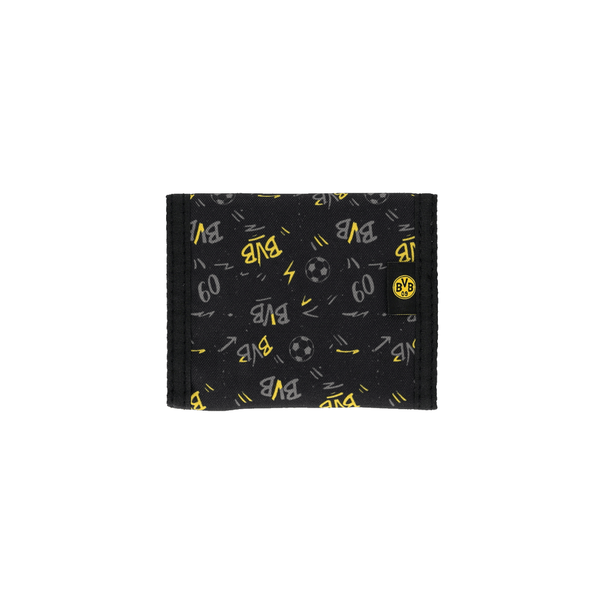 Portamonete nero per bambini con motivo nero e giallo, logo BVB giallo e motivo decorativo a forma di pallone da calcio.
